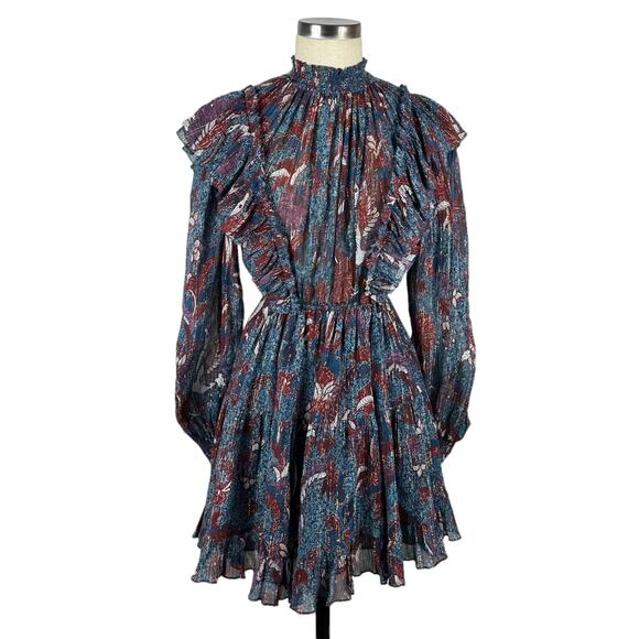 ULLA JOHNSON Vienne Bird Of Paradise Mini Dress Azul Women's 2 Glitter Boho Glam - Picture 1 of 7